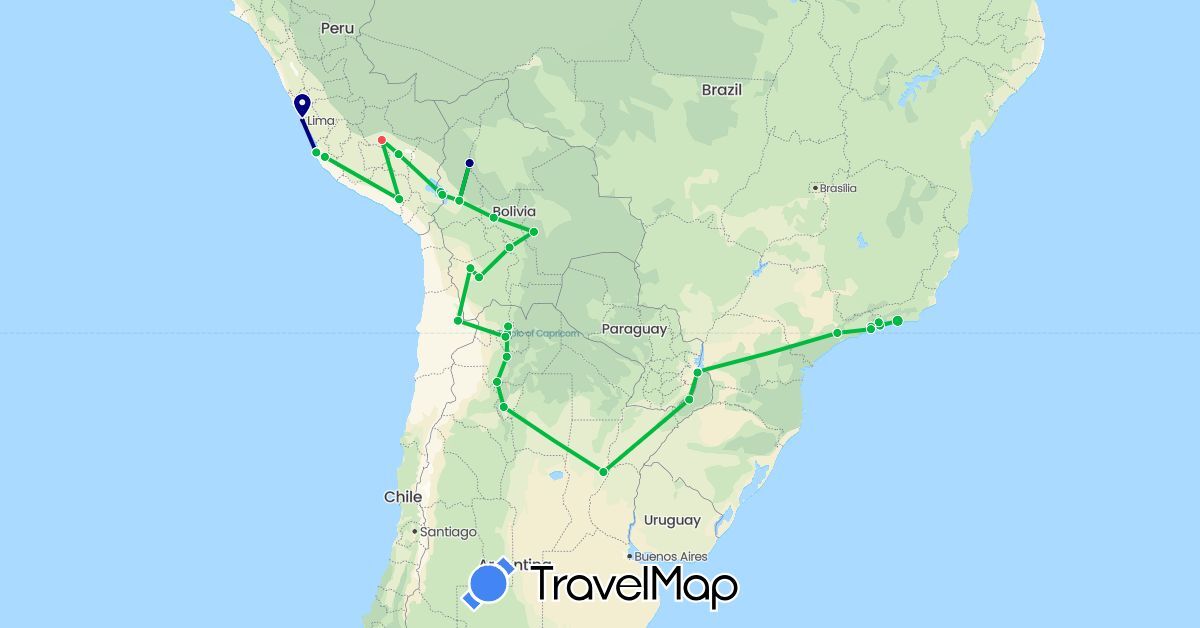 TravelMap itinerary: driving, bus, hiking in Argentina, Bolivia, Brazil, Chile, Peru (South America)